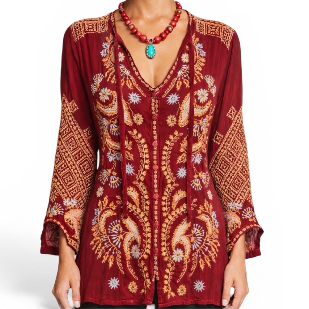 Johnny Was heavily embroidered Minerva Button Front Blouse NWT